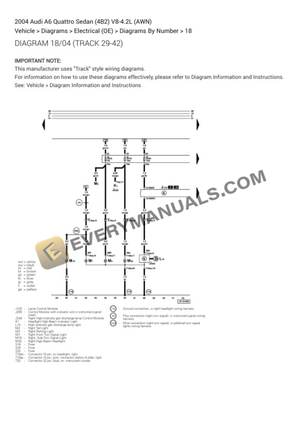Audi A6 Quattro Sedan (4B2) 2004 Electrical Diagrams V8-4.2L (AWN) 5 Audi A6 Quattro Sedan (4B2) 2004 Electrical Diagrams V8-4.2L (AWN) - Image 3