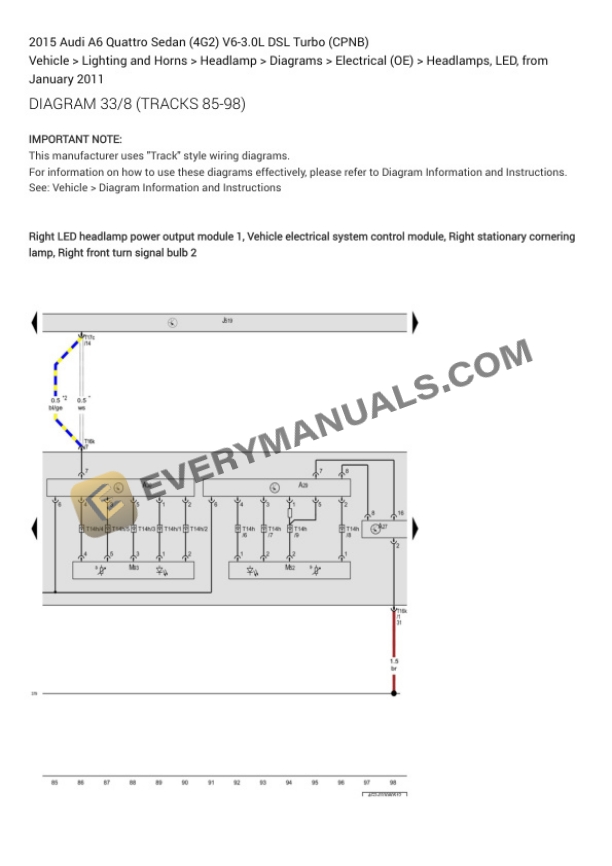 Audi A6 Quattro Sedan (4G2) 2015 Electrical Diagrams V6-3.0L DSL Turbo (CPNB) 4 Audi A6 Quattro Sedan (4G2) 2015 Electrical Diagrams V6-3.0L DSL Turbo (CPNB) - Image 2