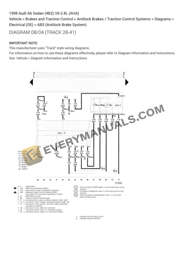 Audi A6 Sedan (4B2) 1998 Electrical Diagrams V6-2.8L (AHA) 4 Audi A6 Sedan (4B2) 1998 Electrical Diagrams V6-2.8L (AHA) - Image 2