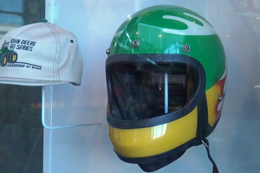 Snowmobile helmet with John Deere’s slogan