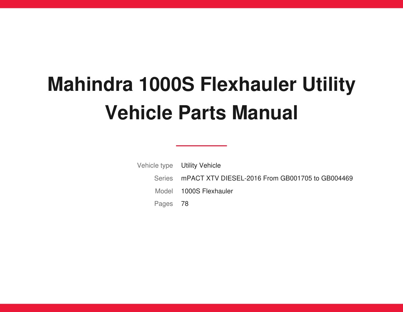 Mahindra 1000S Flexhauler Utility Vehicle Parts Manual