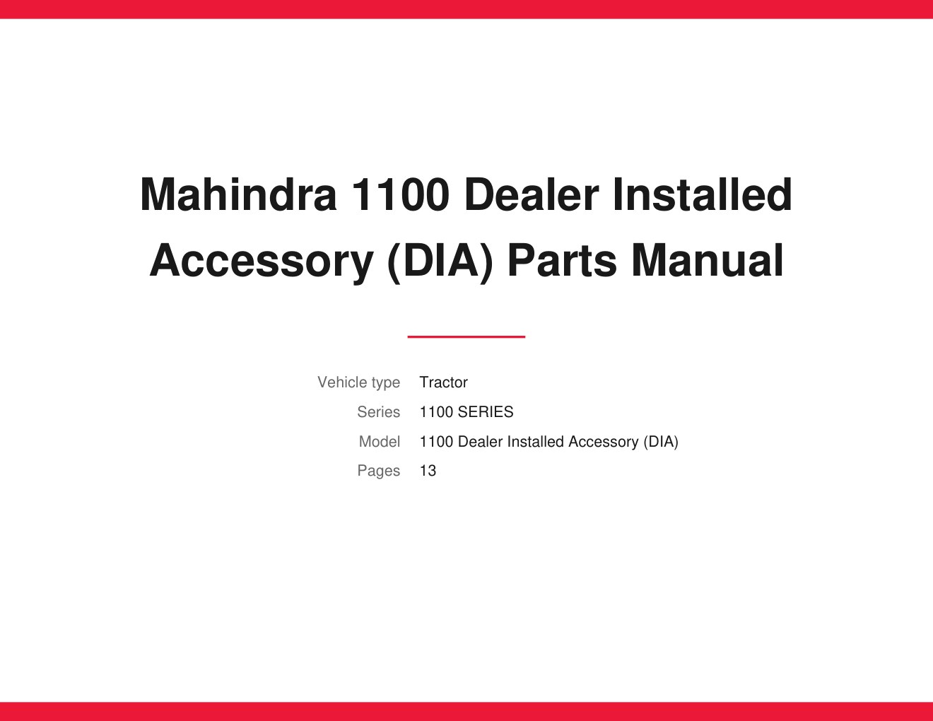Mahindra 1100 Dealer Installed Accessory (DIA) Parts Manual