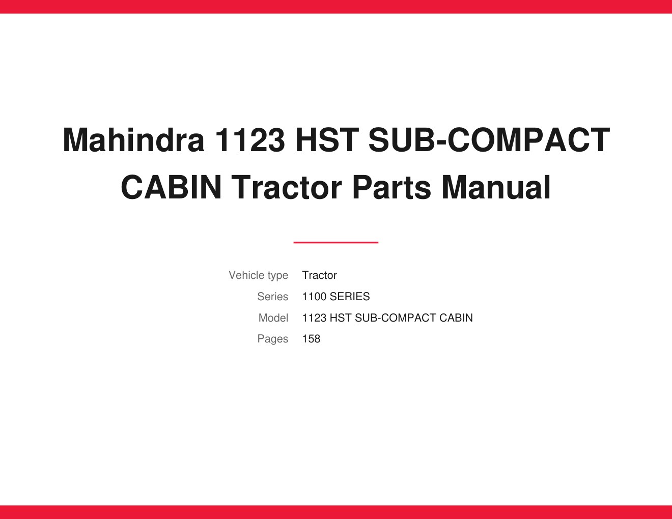 Mahindra 1123 HST SUB-COMPACT CABIN Tractor Parts Manual