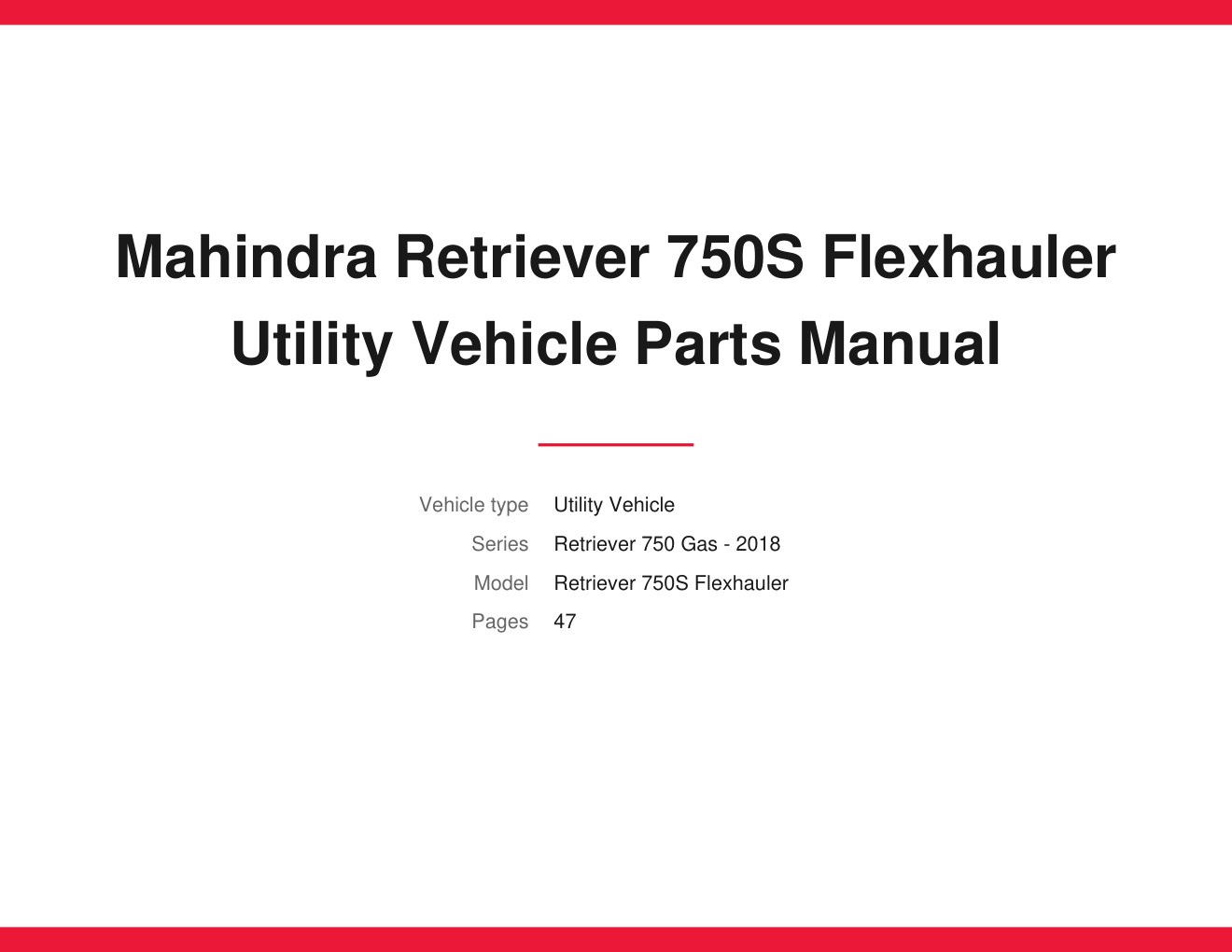 Mahindra Retriever 750S Flexhauler Utility Vehicle Parts Manual