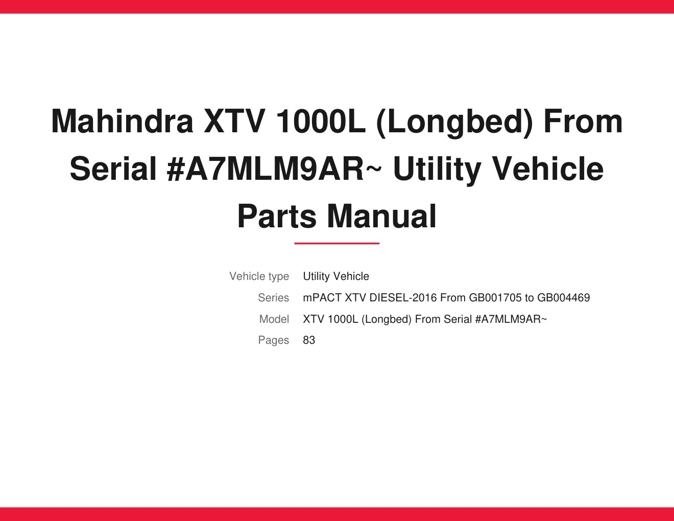 Mahindra XTV 1000L (Longbed) 2016 Utility Vehicle Parts Manual