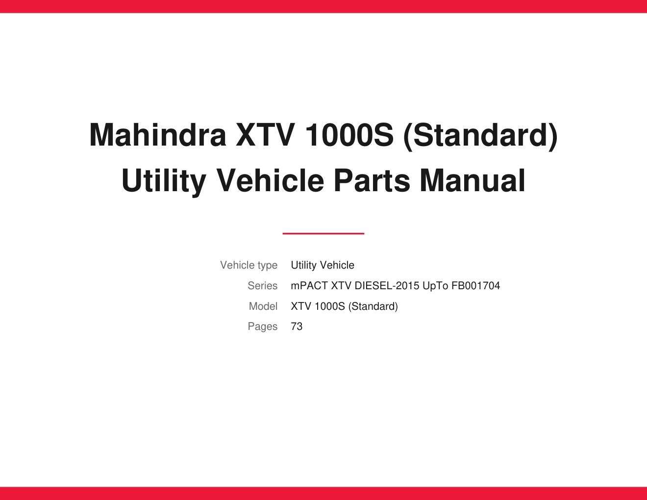 Mahindra XTV 1000S (Standard) 2015 Utility Vehicle Parts Manual