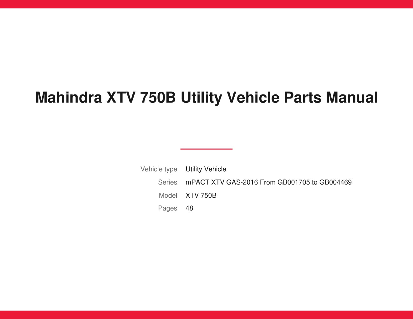 Mahindra XTV 750B 2016 Utility Vehicle Parts Manual 1 Mahindra XTV 750B 2016 Utility Vehicle Parts Manual