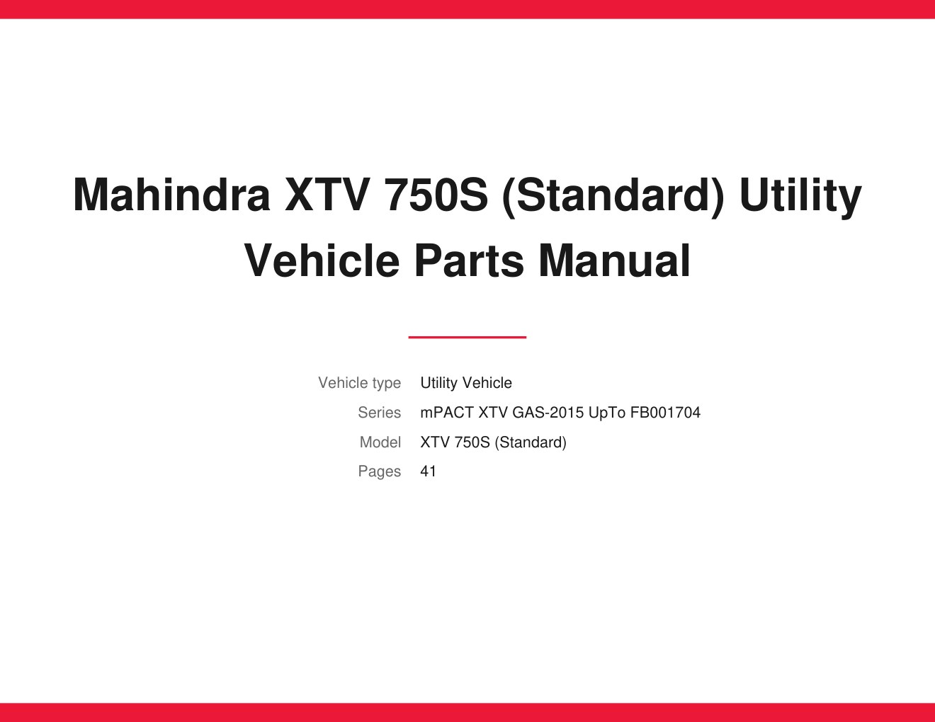 Mahindra XTV 750S (Standard) 2015 Utility Vehicle Parts Manual